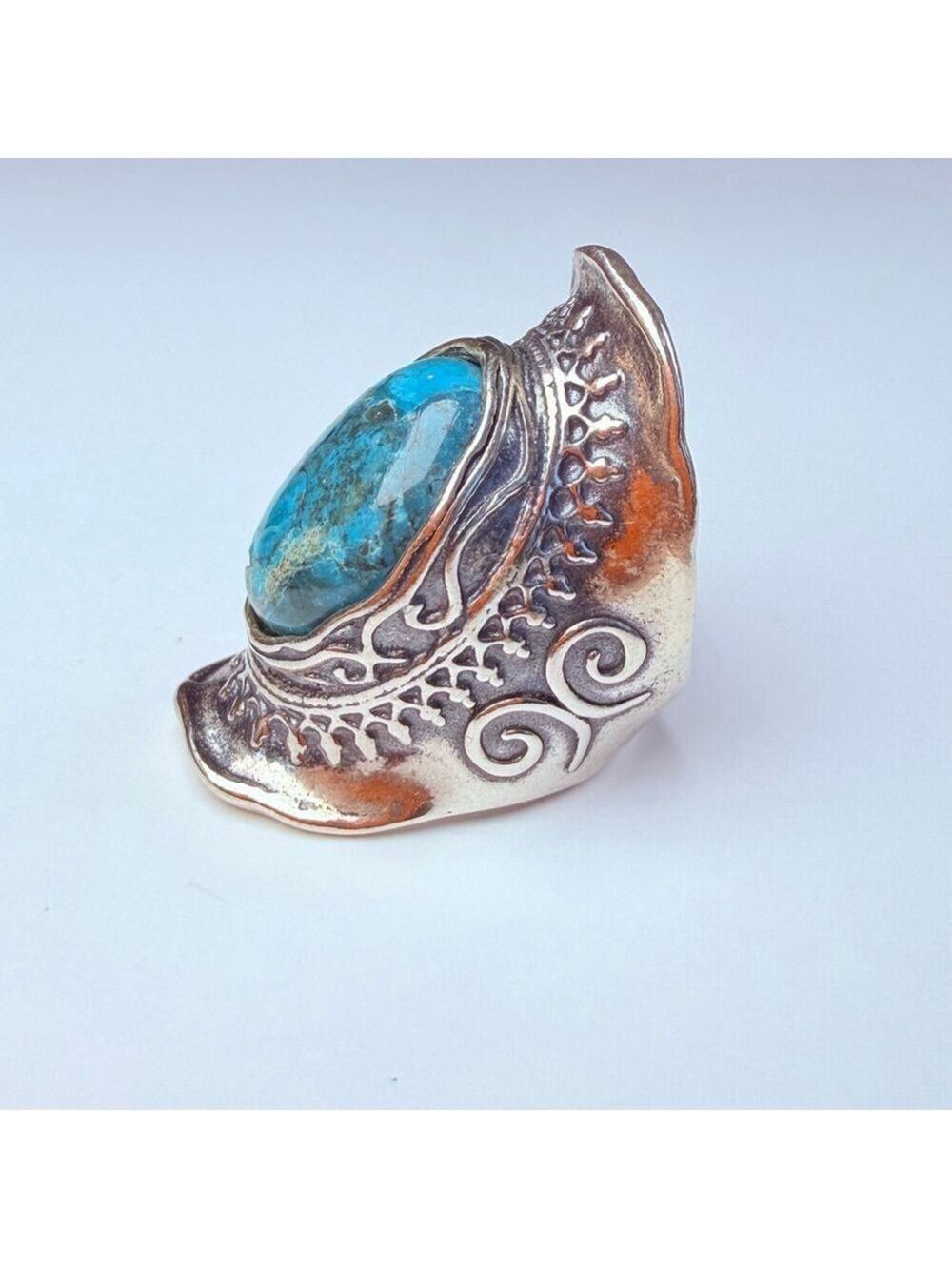 DIDAE 9.5CT Real Eliat Turquoise Sterling Silver Vintage Boho Saddle Israel Ring - Picture 5 of 12